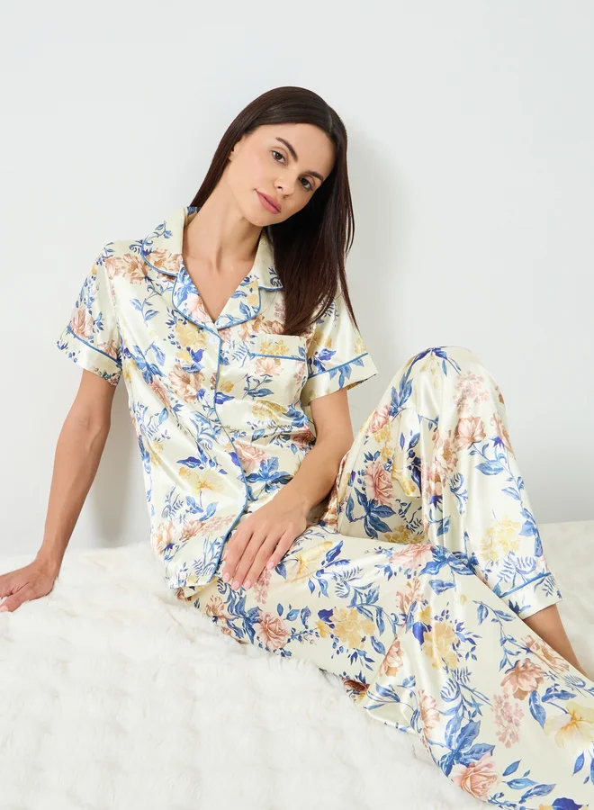 Take Two  Women Floral Printed Short Sleeve Shirt and Pyjama Set for Women | Best Price UAE